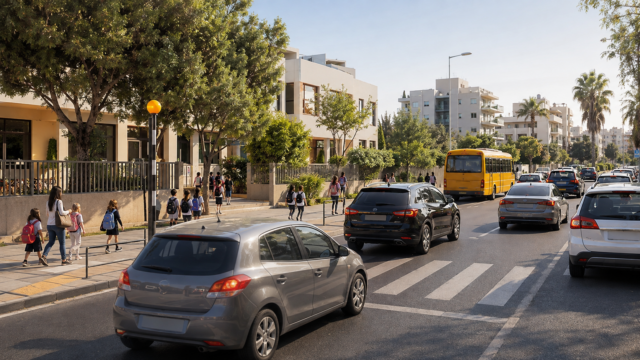 Συμβολική απεικόνιση αυτοκινήτων, λεωφορείου και πεζών σε αστικό δρόμο