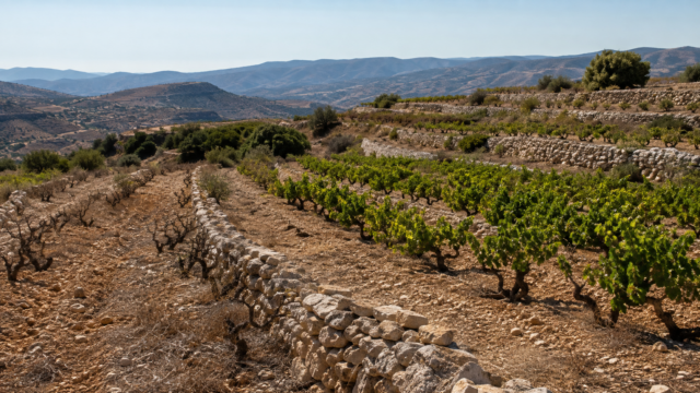 lemesos-vines-guide-20260908 Συμβολική εικόνα καλλιεργημένων και παραμελημένων σειρών αμπελιού σε κυπριακή πλαγιά