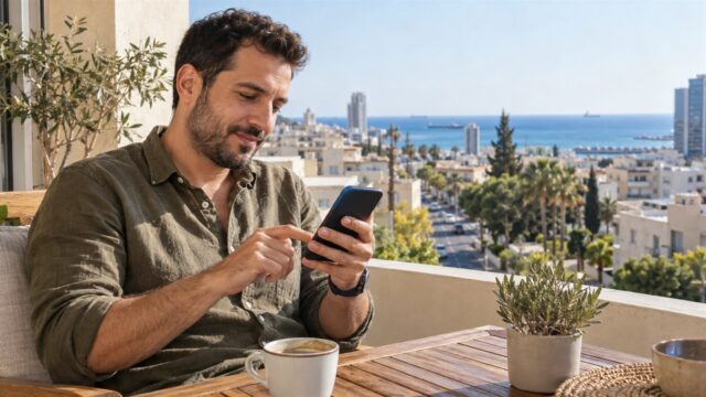 Άνδρας χρησιμοποιεί κινητό σε βεράντα με παραθαλάσσιο αστικό φόντο