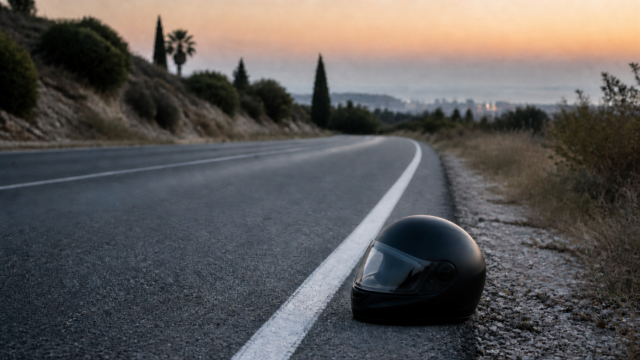 Άδειος δρόμος στη Λεμεσό το σούρουπο με κράνος μοτοσικλέτας στο άκρο του οδοστρώματος, συμβολική εικόνα οδικής ασφάλειας