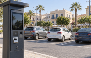 Μηχανή πληρωμής και αυτοκίνητα σε οργανωμένο χώρο στάθμευσης.