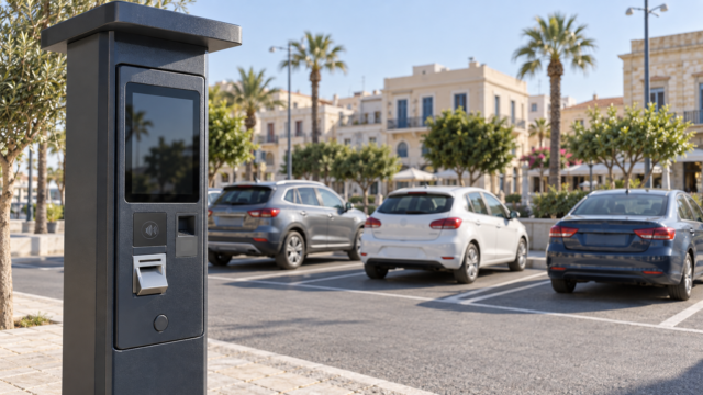 Μηχανή πληρωμής και αυτοκίνητα σε οργανωμένο χώρο στάθμευσης.