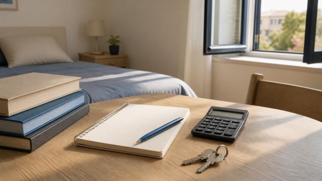 rent-contract-guide Συμβολική εικόνα κλειδιών και σημειωματάριου δίπλα σε αριθμομηχανή μέσα σε μικρό διαμέρισμα