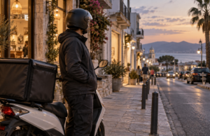 Διανομέας με κράνος δίπλα σε σταθμευμένο δίκυκλο σε αστικό δρόμο το σούρουπο