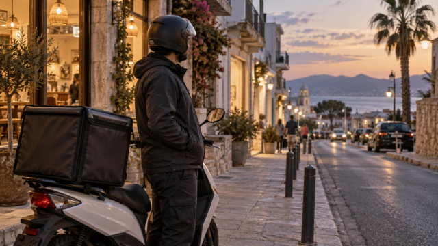 Διανομέας με κράνος δίπλα σε σταθμευμένο δίκυκλο σε αστικό δρόμο το σούρουπο