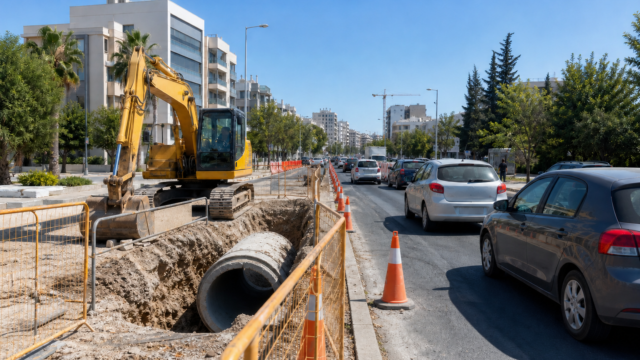 Αποχετευτικά έργα και προσωρινή κυκλοφοριακή σήμανση σε λεωφόρο της Λεμεσού