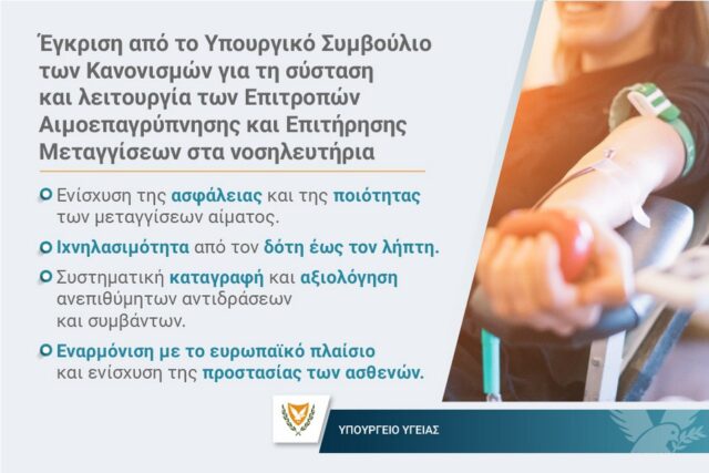 Γραπτή δήλωση του Υπουργού Υγείας κ. Νεόφυτου Χαραλαμπίδη για την έγκριση από το Υπουργικό Συμβούλιο των Κανονισμών για τη σύσταση και λειτουργία των Επιτροπών Αιμοεπαγρύπνησης και Επιτήρησης Μεταγγίσεων στα νοσηλευτήρια