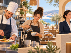 160+ θέσεις εργασίας σε μεγάλα Ξενοδοχεία, Εστιατόρια και Καφετέριες της Κύπρου! Εικονογραφική σύνθεση με επαγγελματίες σε κουζίνα εστιατορίου, καφετέρια και υποδοχή ξενοδοχείου.
