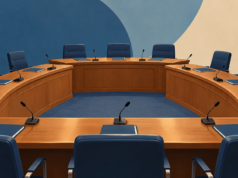 Εικονογραφική σύνθεση άδειας αίθουσας επιτροπής με ξύλινα έδρανα, μπλε καθίσματα και μικρόφωνα.